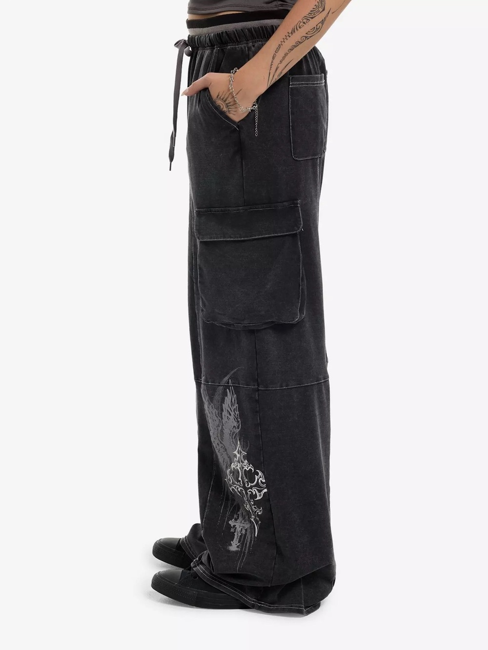 Hot Topic Grey Gothic Cross Cargo Wide Leg Sweatpants Baggy Double Waistband S - Picture 3 of 10